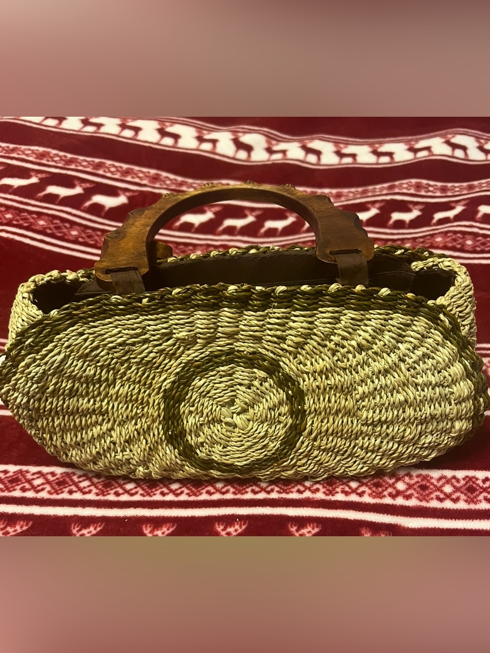 Woven VTG Straw structureTop-Handle Bag with Wooden Handles - Natural